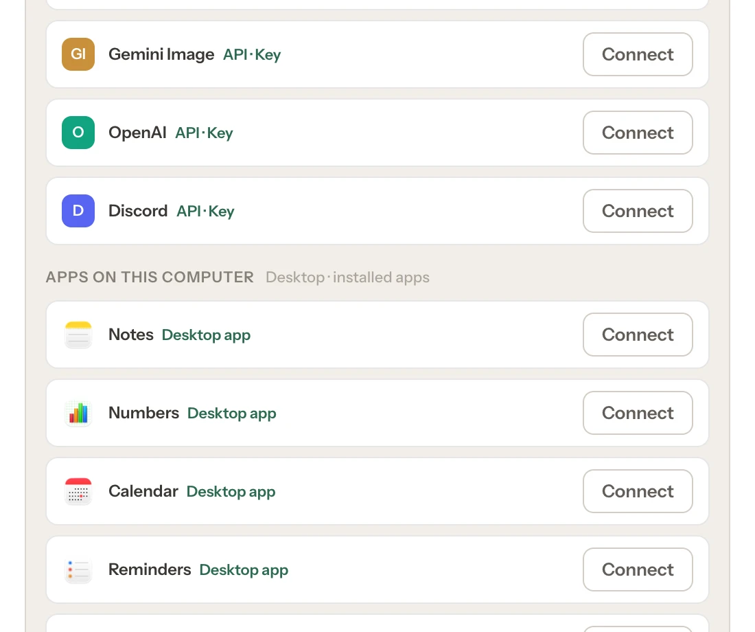 Settings › App connections. Services like Gemini Image, OpenAI and Discord connect with an API key, and apps on this computer such as Notes, Numbers, Calendar and Reminders connect with one button.