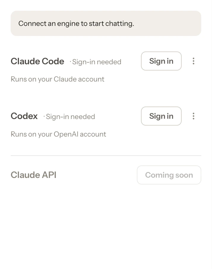 Settings › AI engines. Claude Code and Codex both show “Sign-in needed,” each with a Sign in button.