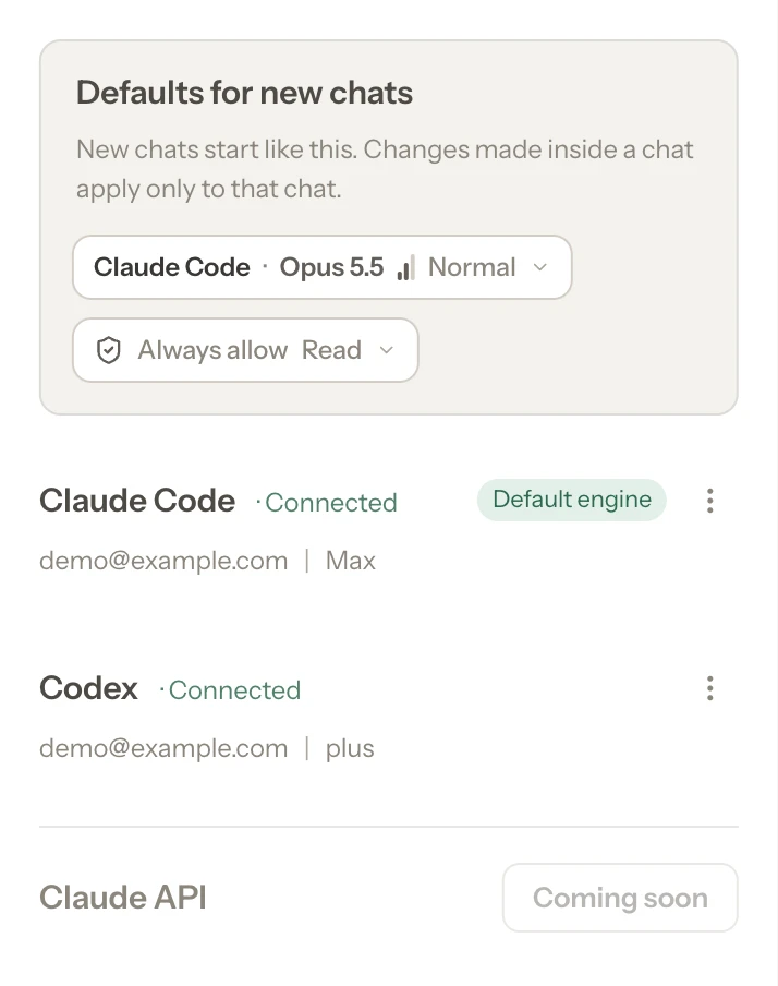 Claude Code and Codex are both connected, with defaults for new chats (engine, model, depth and Always allow).