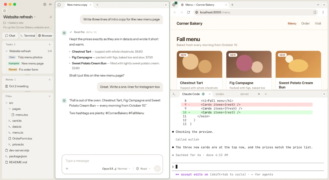 Mulleh. The left panel lists the tasks, notes and files of the “Website refresh” project. In the middle, a chat is writing copy for the new menu. Top right, the browser shows the website preview; below, Claude Code in the terminal has that preview window added, fixes the menu page and checks it there.