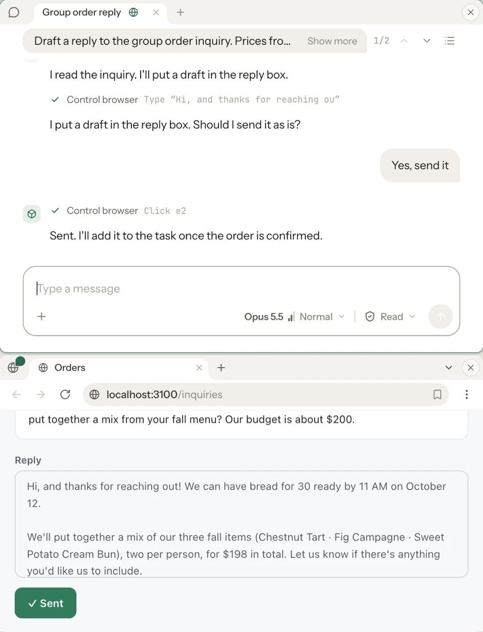 A chat above a browser window, in motion. Asked to draft a reply to the group order inquiry, the AI reads the orders page, puts a draft in the reply box and asks whether to send it. After “Yes, send it,” it clicks Send reply and the button turns to “Sent.” The chat tab shows the added browser after its name, and the browser window’s corner shows that this chat is using it.