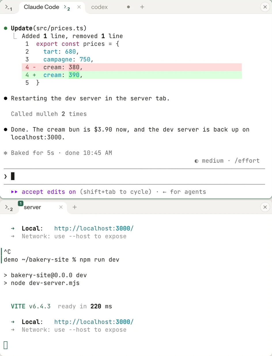 Two terminal windows, in motion. In the Claude Code tab on top, which has the server tab below added, “raise the cream bun to $3.90 and restart the dev server” — it edits the price file, and the app asks before typing into the server tab. Once allowed, Ctrl+C and npm run dev go into the server tab and the dev server comes back up.