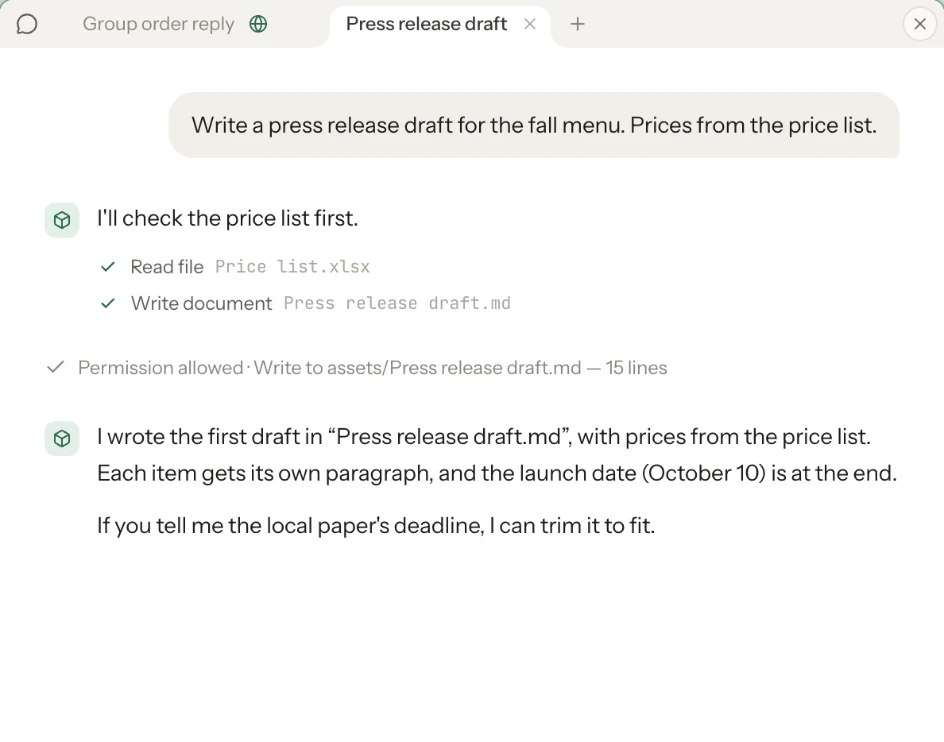 A chat. Asked to write a press release draft for the fall menu using the price list, the AI reads “Price list.xlsx” and writes “Press release draft.md”. A line shows it asked before writing and was allowed.