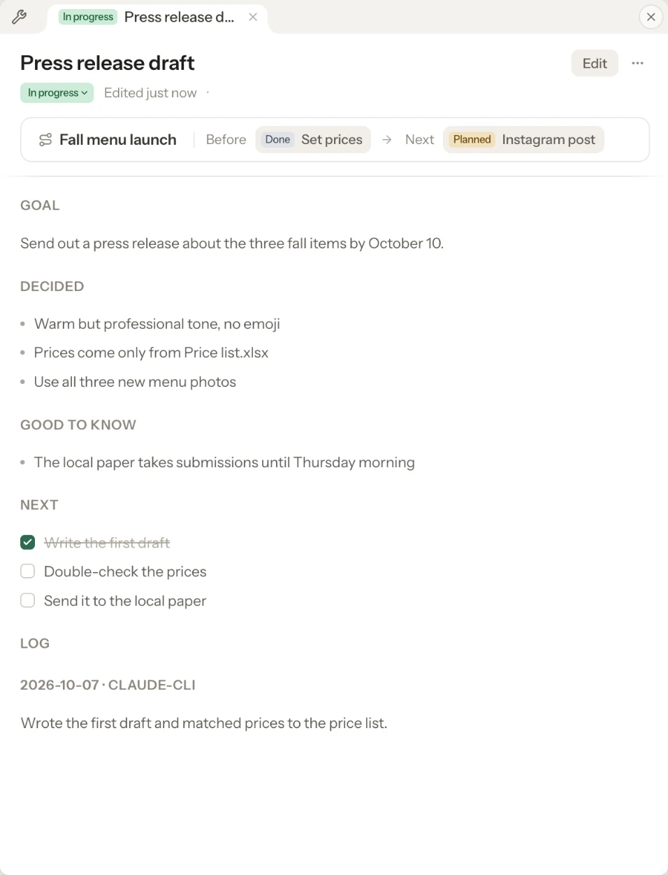 The “Press release draft” task document after the chat went quiet: new lines under Decisions, Good to know and Next steps, and “Write the first draft” checked off.