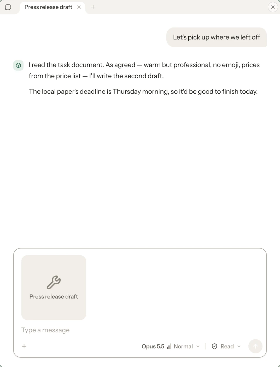 The next day’s chat. Asked to pick up where they left off, the AI reads the task document and says it will write the second draft in the agreed tone and with prices from the price list.