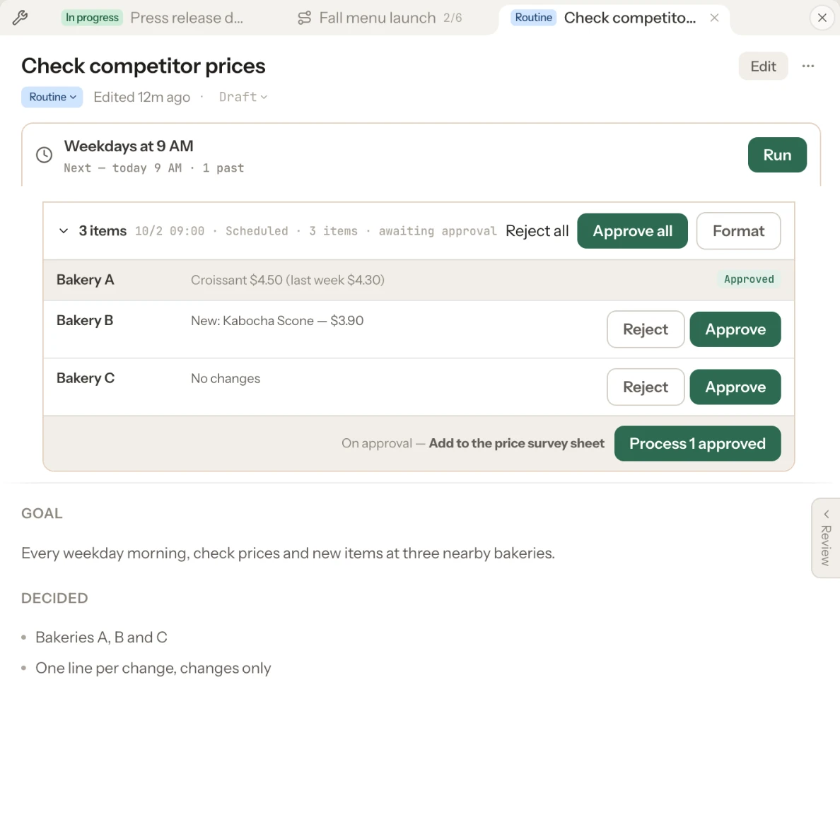 The “Check competitor prices” routine, which runs at 9 AM on weekdays. Of three results, bakery A is approved, and B and C wait for approve or reject. Approved results are added to the price survey sheet.