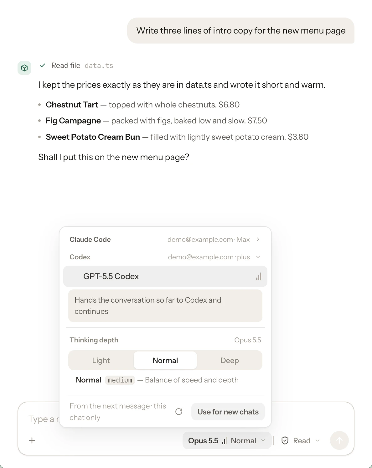 The model picker in a chat. Above is a conversation with Claude about new menu copy; hovering GPT-5.5 Codex in the opened Codex group shows “Hands the conversation so far to Codex and continues.”