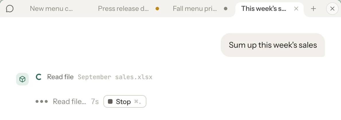 Four tabs in one chat window — New menu copy, Press release draft, Fall menu prices and This week’s sales. The open one is reading a file; Press release draft has an orange dot for a pending approval, and Fall menu prices has a dot for a new reply.